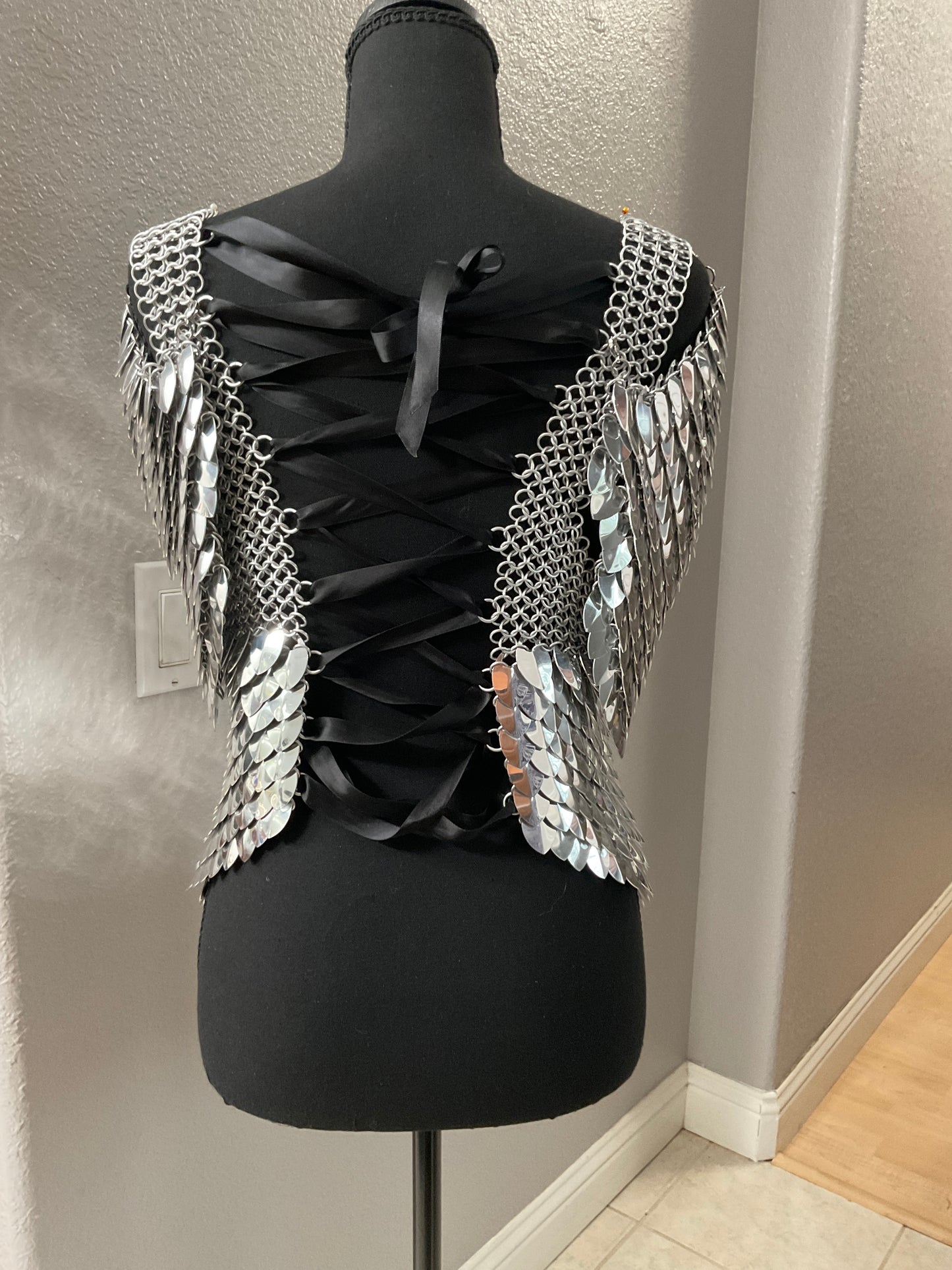 Silver Scalemail with Shoulder Pauldrons and Lace Back Size S-L