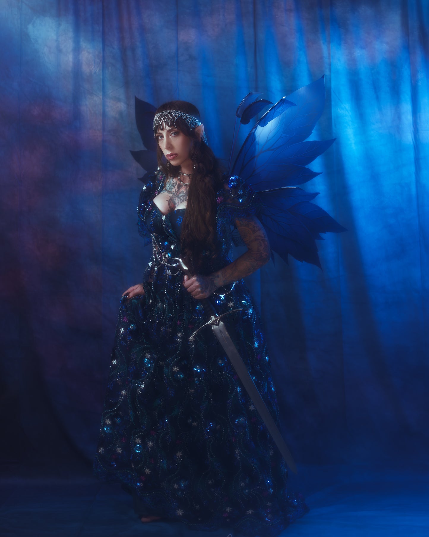 Dark Teal Peacock Feather Embroidered Dress Size 36/28/36