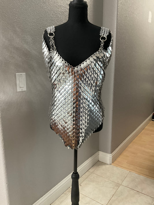 Silver Scalemail with Shoulder Pauldrons and Lace Back Size S-L