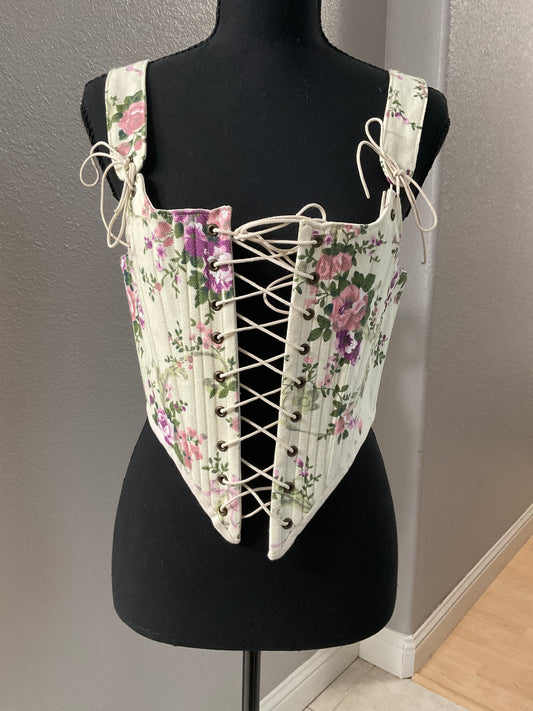 Of Witches and Bards Soft Yellow and Floral Lace Front & Back Stays Size S/M