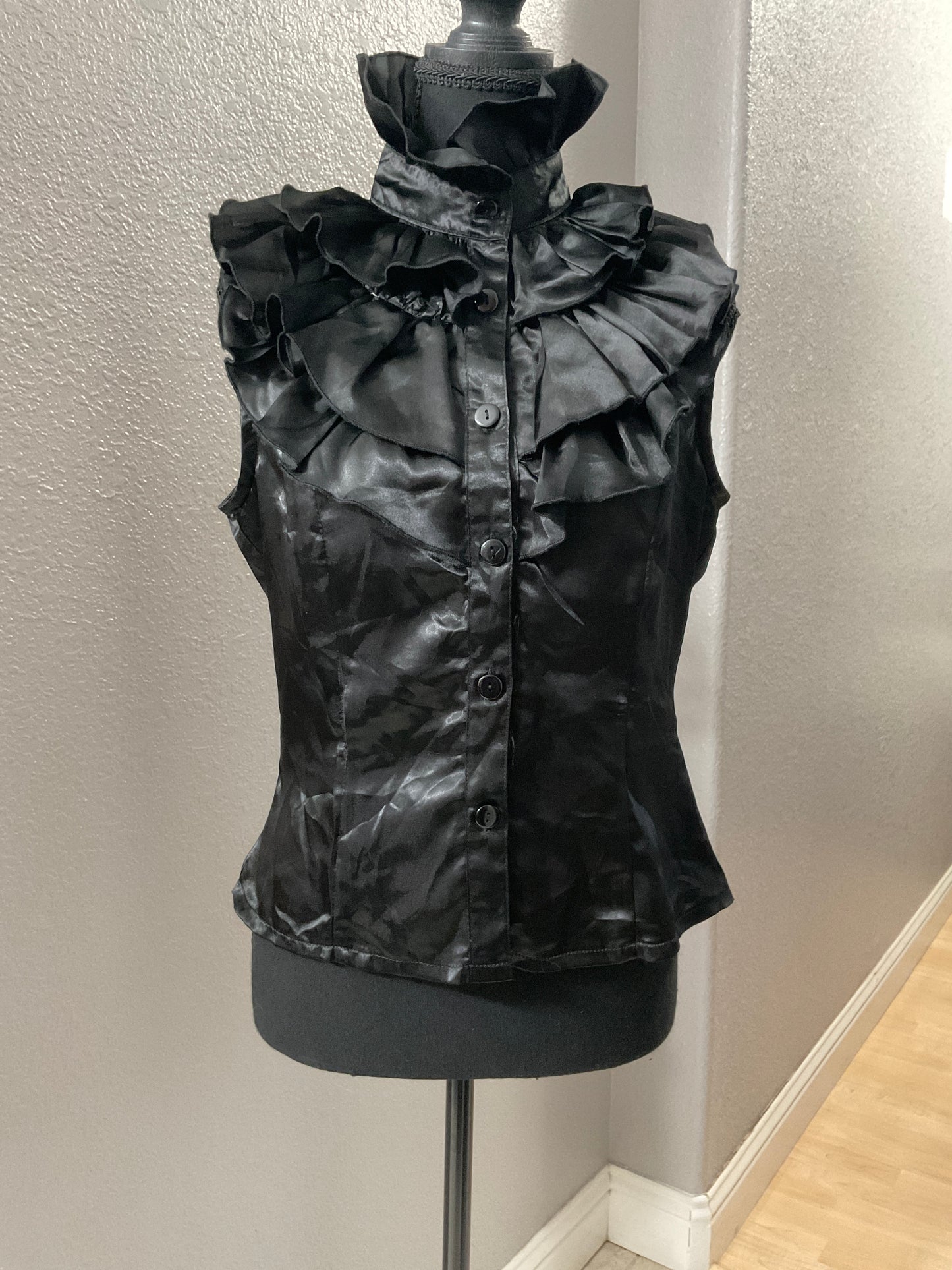 Black Satin High Collar Ruffle Top Size Small